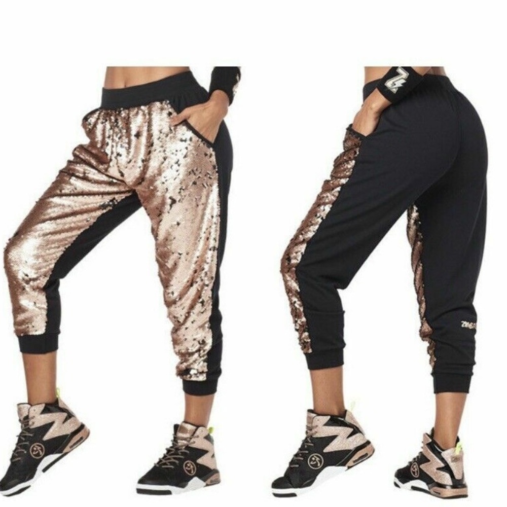 Zumba Fitness Black Gold Sequin Track Pants‎ w/ Metallic Accents Size M Dance
